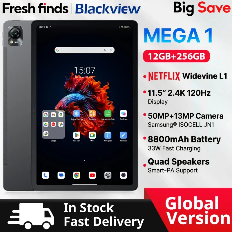 Blackview MEGA 1 태블릿, 11.5 인치 2.4K 120Hz 디스플레이, 8GB 256GB 50MP + 13MP 카메라, 8800mAh 33W 고속 충전 패드 P, 월드 프리미어