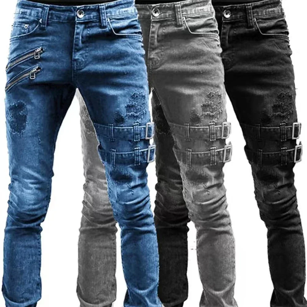 레트로 모토 바이커 스트레이트 탄성 청바지 남성 지퍼 구멍 streetwear 펑크 스키니 데님 카고 바지 Pantalones Hombre Y2K 의류