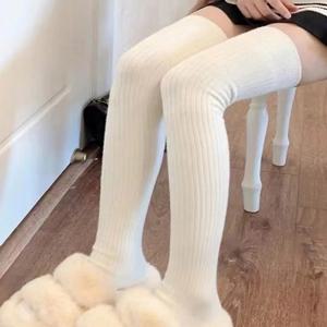 가을, 겨울 여성 니트 양말 솔리드 컬러 세로 바 따뜻한 무릎 길이 양말 하라주쿠 패션 로리타 양말
