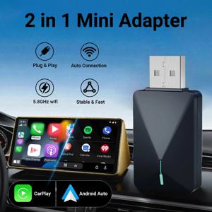 2in1 무선 CarPlay 어댑터 및 Android 자동 미니 박스 Carplay 무선 Bluetooth 플러그 앤 플레이 듀얼 인터페이스 Type-C/USB에 유선