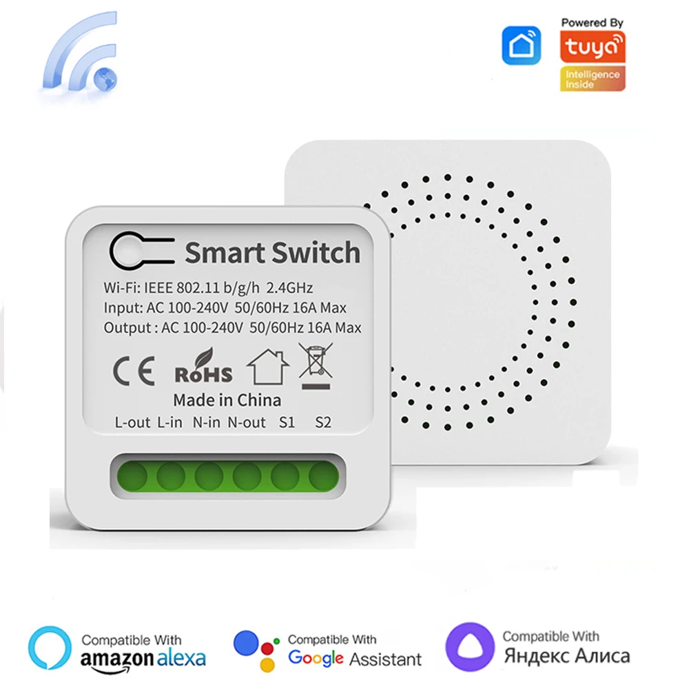 Tuya 16A 미니 Wifi 스마트 스위치 DIY 스마트 라이프를위한 양방향 제어 릴레이 타이머 Alexa Google 홈 Yandex Alice와 함께 작동