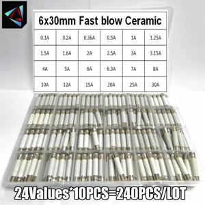 240 개/상자 24 값 6x30mm 고속 블로우 세라믹 퓨즈 250V 0.1A 0.2A 0.5A 1A 1.5A 2A 2.5A 3A 3.15A 4A 5A 6A 10A 15A 20A 25A30A
