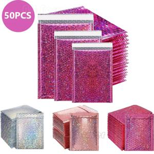 50Pcs 홀로그램 메일러 레이저 실버 메일 링 봉투 방수 택배 가방 패딩 버블 봉투 배송용 포장 가방