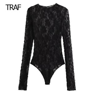 TRAF 레이스 바디 수트 여성용 바디 수트 Auutmn Black Cutwork o 넥 긴 소매 하이 스판덱스 바디 수트 Fine Women 용 섹시한 란제리