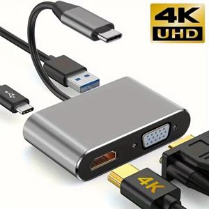 C 타입 어댑터 허브, HDTV VGA USB 3.0 디지털 AV 멀티포트 어댑터, TYPE-C PD 충전 포트 호환, 4 인 1