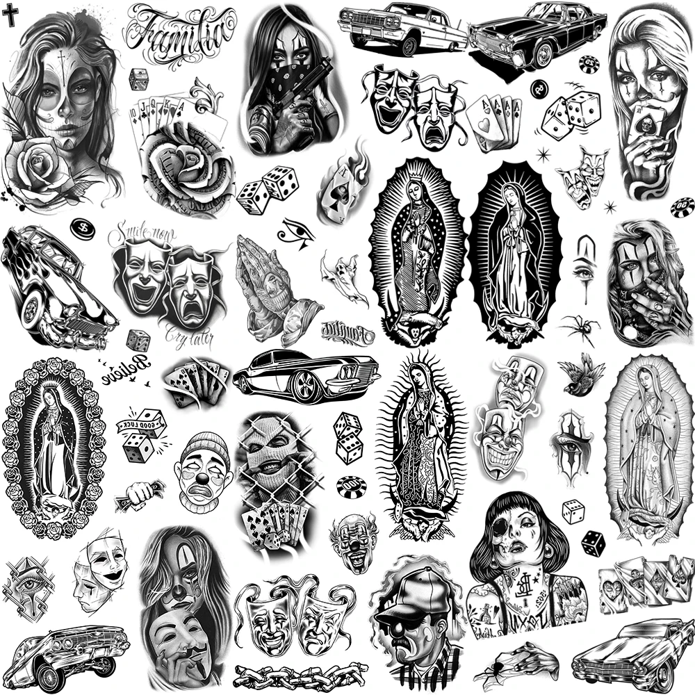 Chicano Bandit 멕시코 남성 여성을위한 임시 문신 가짜 자동차 수녀 문신 종교 스티커 현실적인 뒤로 방수 Tatoos