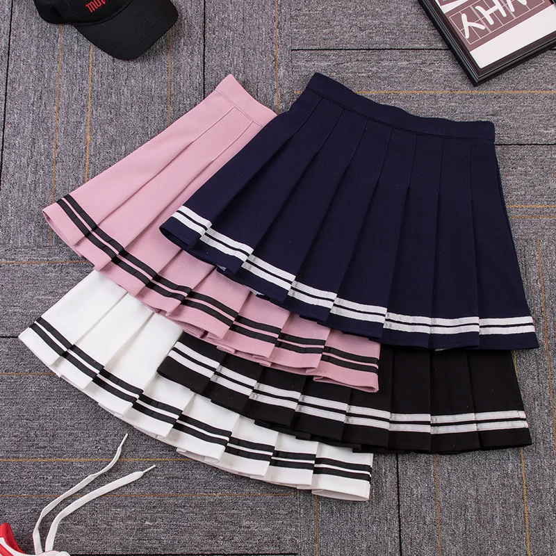 높은 허리 여성 스커트 스트라이프 Pleated 탄성 허리 여성 달콤한 미니 댄스 격자 무늬 스커트 Y2k 한국어 영국 스타일