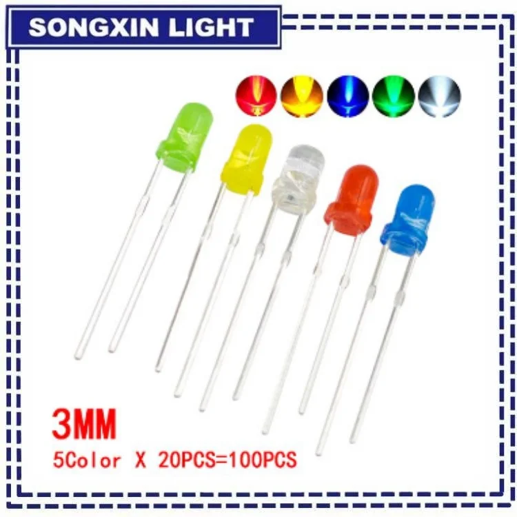 100 개/몫 3mm LED 다이오드 F3 모듬 키트 ibuw 흰색 녹색 빨간색 파란색 노란색 오렌지 핑크 보라색 따뜻한 흰색 DIY 발광 다이오드
