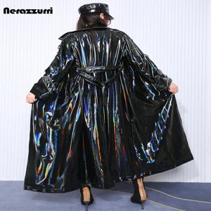 Nerazzurri 가을 여분의 긴 검은 홀로그램 반짝 이는 반사 스트레치 부드러운 PVC 가죽 트렌치 코트 여성을위한 유럽 패션