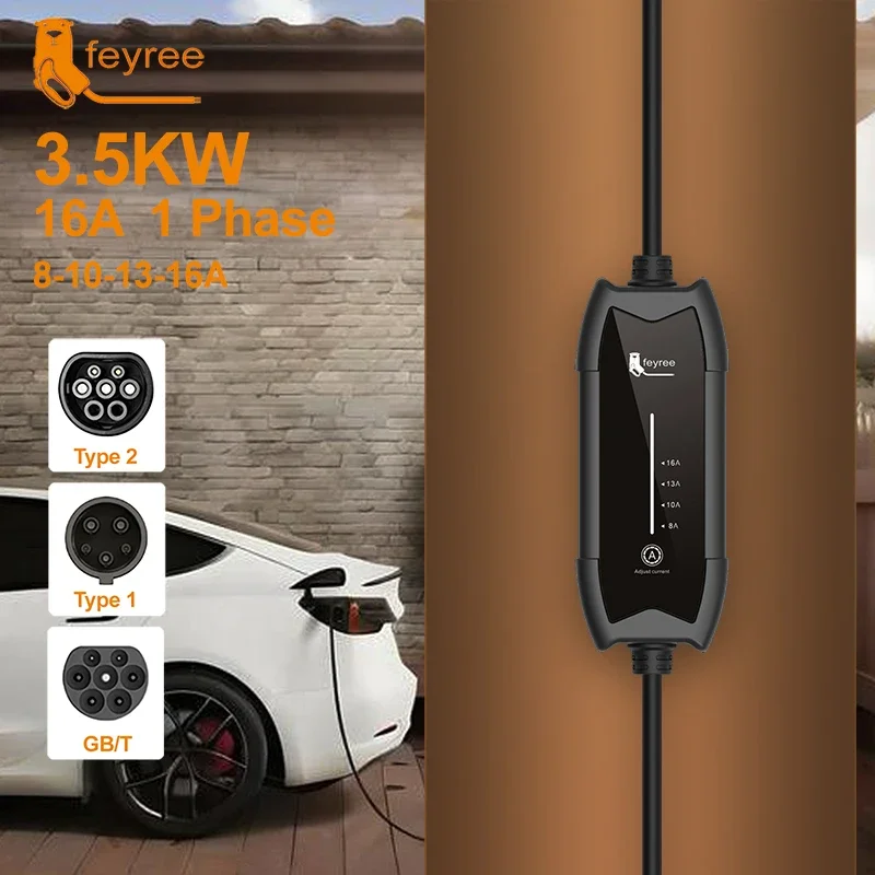 feyree EV 충전기 Type2 16A 3.5KW 1상 GB/T / Type1 전류 조절 가능 3.5m 케이블 전기 자동차용 휴대용 충전 박스