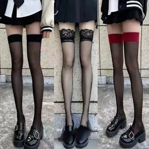 JK 의상 여성 섹시한 허벅지 높은 Fishnet 스타킹 로리타 걸스 고딕 펑크 투명한 무릎 레드 와이드 에지 롱 양말
