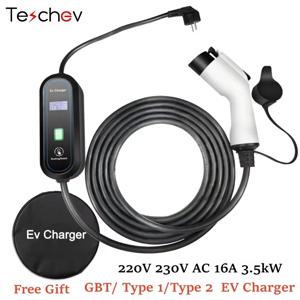 Teschev 220V 230V 휴대용 EV 충전기 Wallbox 16A Type1 j1772 충전 케이블 Type2 코드 IEC62196 전기 자동차 용 Schuko 플러그