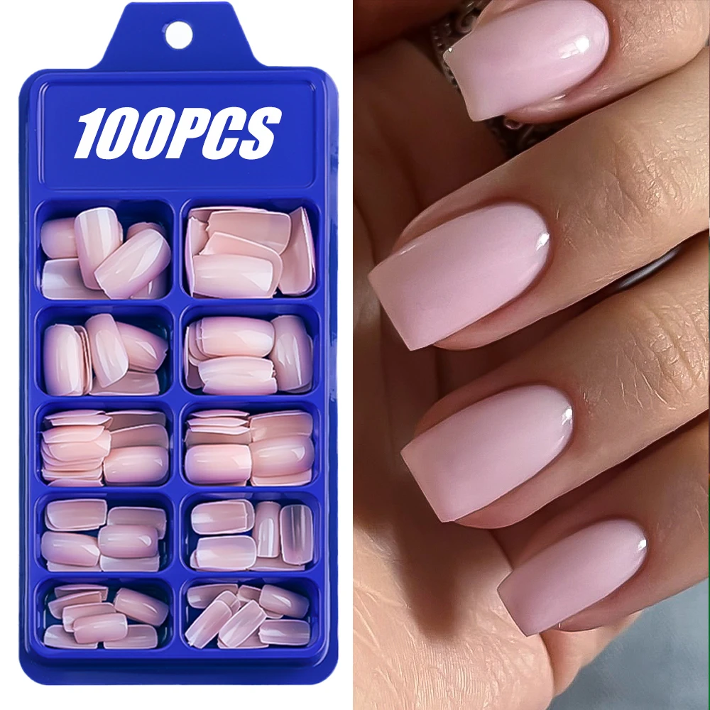 100Pcs 손톱에 라이트 핑크 프레스 짧은 중간 사각형 웨어러블 가짜 손톱 팁 10 크기 전체 커버 거짓 손톱 손가락 장식