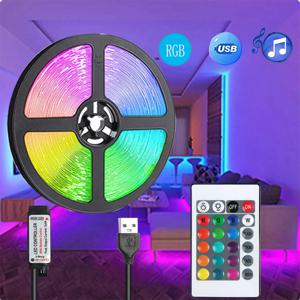 LED 스트립 5m = 196.85인치 USB LED 침실 램프(LED 장식 포함) 자체 접착식 리모컨이 포함된 RGB 램프 24키 홈