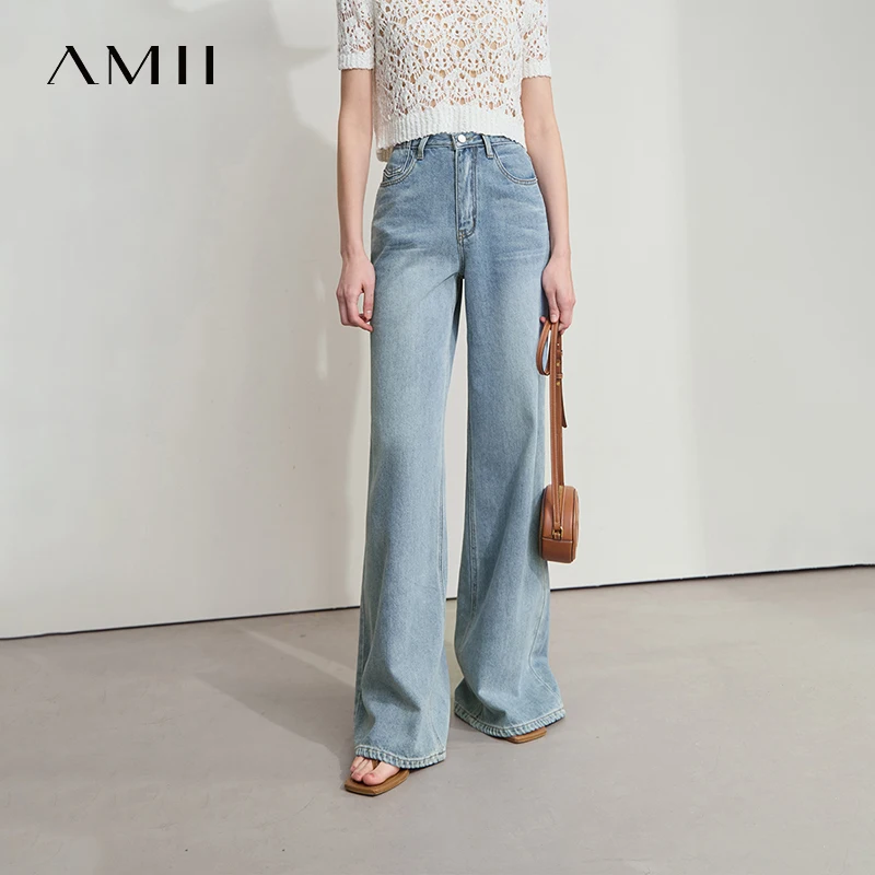 AMII 미니멀리스트 블루 청바지 여성용, 다용도 데님 와이드 레그 팬츠, 로우 웨이스트, 얇은 캐주얼 루즈 팬츠, 2025 여름 신상, 12542121