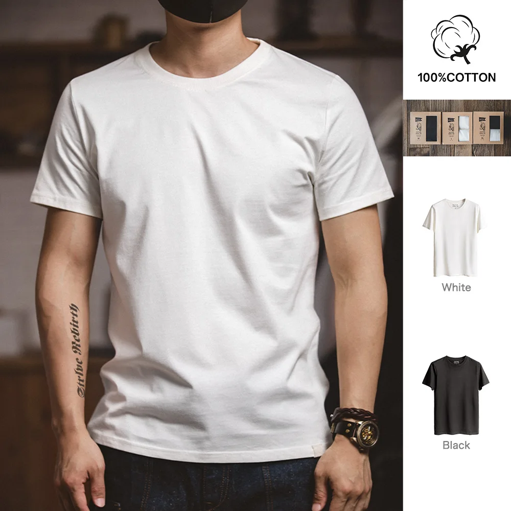 Maden 1Pc/2Pcs 솔리드 코튼 반팔 티셔츠 라운드 넥 블랙 베이지 티셔츠 남성 여름 클래식 헤비급 다목적 티