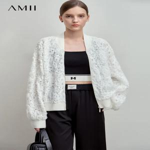AMII 미니멀리스트 지퍼 재킷 여성용, V넥, 입체 중공 꽃, 드롭 슬리브, 루즈 캐주얼 상의, 2025 용수철, 신상 12541004