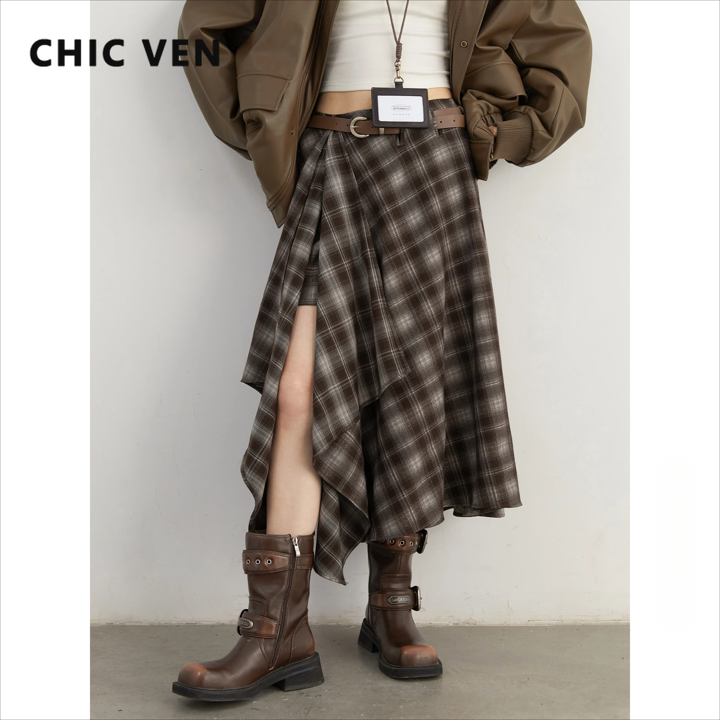CHIC VEN 여성용 A라인 레트로 스커트, 루즈한 하이 웨이스트, 불규칙한 색상 격자 무늬, 반투명 하프 바디 롱 스커트, 겨울 2024