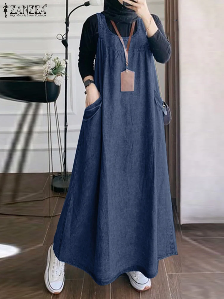 여름 우아한 오버올 드레스 ZANZEA 이슬람 Maxi Sundress 가운 Femme 빈티지 스트랩 솔리드 a 라인 데님 블루 Vestidos Kaftan 2024