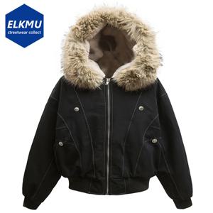 겨울 자켓 모피 칼라 파카 코트 남성 빈티지 두꺼운 양털 따뜻한 자켓 streetwear 하라주쿠 힙합 패딩 자켓 아웃웨어