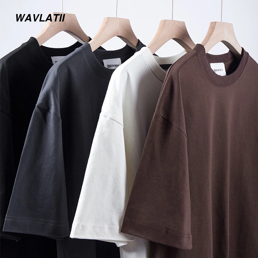 WAVLATII 남성 오버사이즈 티셔츠, 여성 260 GSM 캐주얼 화이트 스트리트웨어 티, 블랙 솔리드 기본 여름 상의, 젊은 WMT2401, 신제품