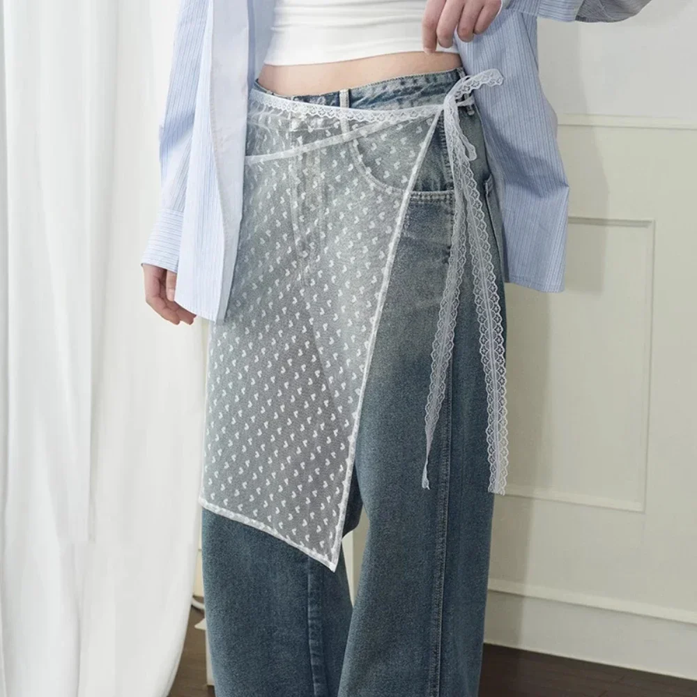 INS Blogger 레이스 레이어드 거즈 스커트 Y2k streetwear 앞치마 랩 스커트 레이스 업 매칭 바지 매운 소녀 쌓인 y2k 랩 스커트