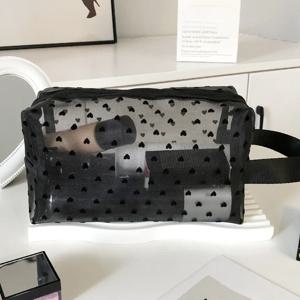 하트 모양의 나일론 메쉬 화장품 가방 휴대용 세면 용품 주최자 메이크업 가방 다기능 여성 립스틱 키 동전 지갑 주머니