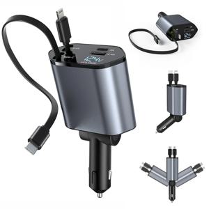 접이식 차량용 충전기, 4 in 1 고속 충전 차량용 충전기 120W, 접이식 케이블 및 USB 포트 2개 차량용 충전기 어댑터 호환