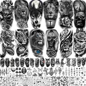 61 시트 현실적인 해골 동물 성인을위한 임시 문신 팔 문신 가짜 나침반 장미 꽃 사자 Wlof Tatoos Black Tiger