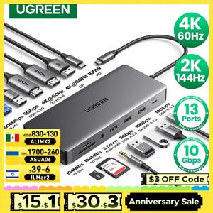 UGREEN USB-C 허브 트리플 디스플레이 도킹 스테이션, 맥북 프로 에어 델 XPS용, 4K 듀얼 HDMI DP, 10Gbps, USB3.2, PD100W, SD, TF, 13 인 1