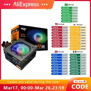 Aigo AK 600W PC PSU 전원 공급 장치, BTC용 데스크탑 컴퓨터 전원 공급 장치, 게임용 저소음 블랙 RGB 선풍기, 24 핀, 12V ATX, 120mm