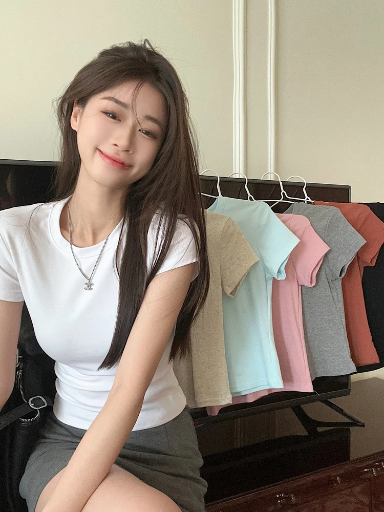 흰색 반팔 기본 셔츠 이너웨어 티셔츠 여성 봄 여름 새로운 슬림 핫 소녀 짧은 어깨 꽉 바디 탑