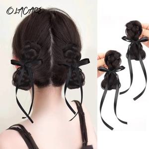 OLACARE Girls Braid Scrunchie Chignon 고무 밴드 브라운 블랙 합성 헤어 링 랩 지저분한 롤빵 포니 테일 스트레이트 헤어