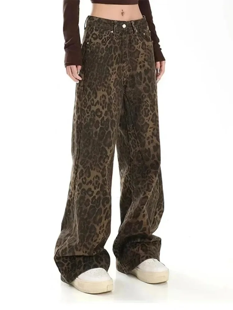 Tan Leopard 청바지 여성 데님 바지 여성 특대 넓은 다리 바지 streetwear 힙합 빈티지 의류 루즈 캐주얼