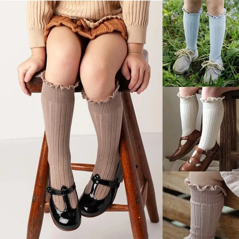 여아용 무릎 높이 양말, 유아용 프릴, 긴 부드러운 면 양말, 레이스 플라워, 어린이 학교 양말