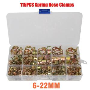 115 PCS 6-22mm 스프링 호스 클램프 또는 펜치 아연 도금 가스 워터 호스 클램프 금속 도구 구색 키트