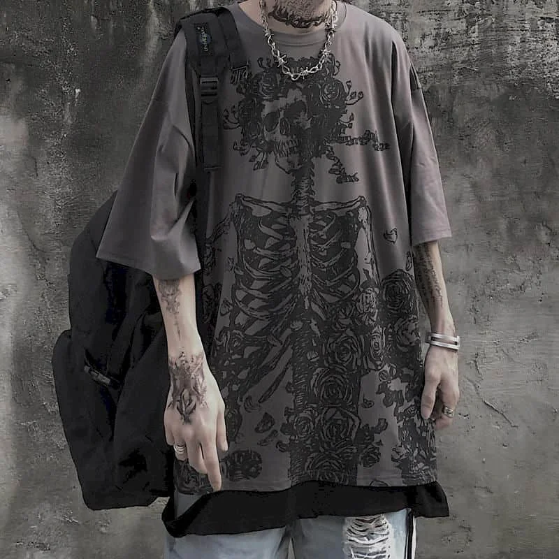 남성 티셔츠 2023 여름 streetwear 하이 스트리트 고딕 해골 티셔츠 루즈 오버 사이즈 반팔 티셔츠 Dark Anime Men Y2k Top