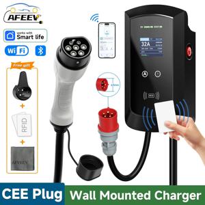 AFEEV EV 충전 스테이션 CEE 플러그 타입 2, IEC62196-2 32A, 3 상 벽 장착 충전기, 와이파이 블루투스 앱 제어, 7.6KW, 11KW, 22KW