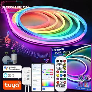 TUYA 네온 LED 스트립 조명 12-24V 84LED/M 실리콘 네온 로프 라이트(음악 동기화 포함) RGBIC Dreamcolor 쫓는 스트립 테이프(룸용)