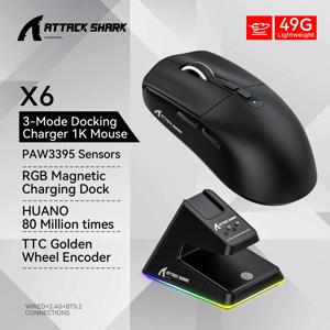 어택 샤크 X6 무선 인체 공학적 게이밍 마우스, DPI 조정 가능, 유선 2.4G/블루투스 고정밀 충전식 마우스