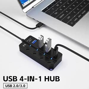 허브 USB 분배기 2.0, 멀티 포트 독립 전원 스위치 확장기, 30cm 케이블, 4 인 1 USB 어댑터, USB3.0