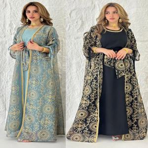 Eid 무슬림 아바야스 여성용 파티 2 종 세트, 자수 가디건 로브, 레이스업 원피스 모로코 카프탄 이슬람 라마단 두바이 베스티도스