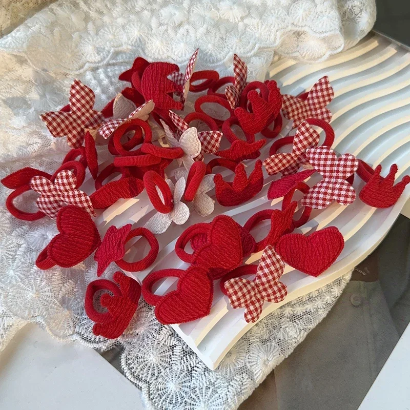 10pcs 붉은 색 새해 여자 크라운 나비 어린이 Hairbands 해를 끼치 지 않는 만화 수건 밧줄 포니 테일 홀더 어린이 고무 밴드