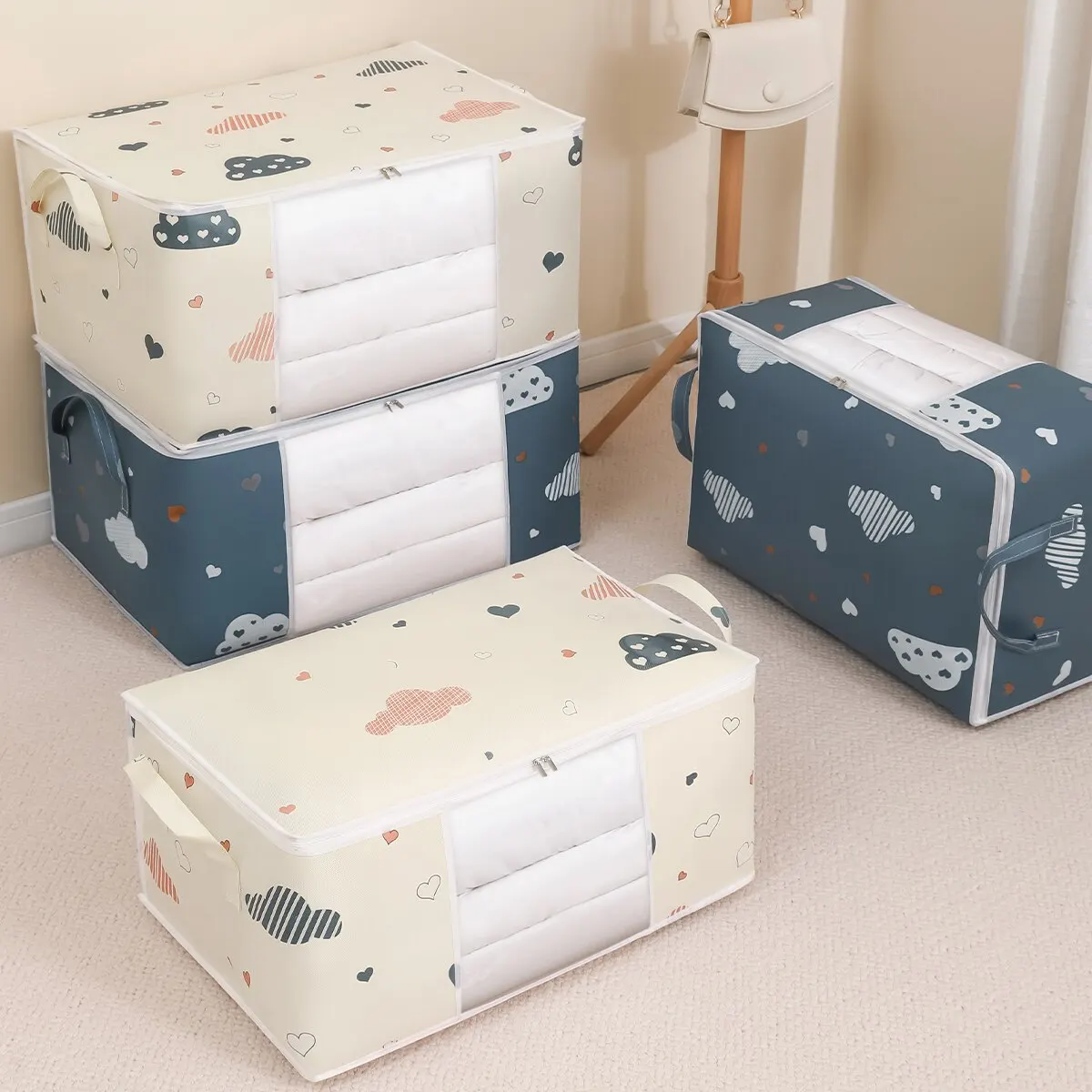 1pc 블루/화이트 이불 의류 보관 가방 수분 방진 증거 주최자 대용량 이불 담요 정렬 가방