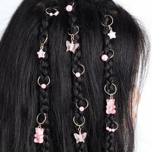 핑크 진주 별곰과 나비 모양 헤어 브레이드 링, 헤어 타이, 여아용 헤어 액세서리, 14 개/팩
