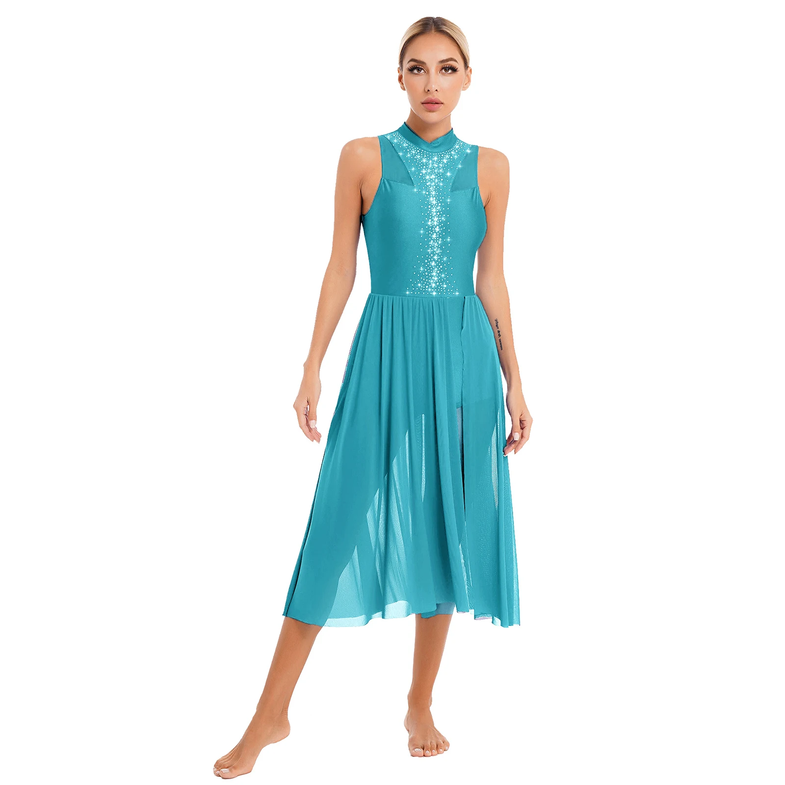 Womens Lyrical Ballet 볼룸 댄스 드레스 민소매 레오타드 바디 슈트 패치 워크 Flowy Split Mesh 스커트 맥시 드레스 퍼포먼스