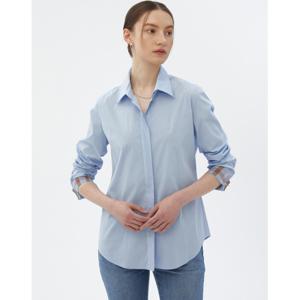 닥스 여성 24SS 클리어런스블루 솔리드 면혼방 소매체크 배색 긴팔셔츠 DLSH4B203B1