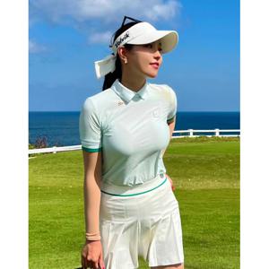 헤지스 골프 여성 24SS 블루 조직감 냉감 반팔 카라티 HWTS4B414T1