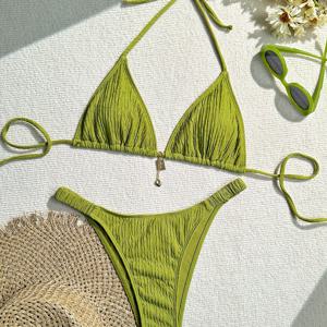 TEMU Elegant Women's Solid Green Halter Bikini Set - Textured Fabric, High-Waisted Two-Piece Swimsuit with Tie Detail, Machine Washable, High Waisted Bikini Set