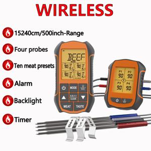 TEMU 1개 무선 고기 온도계, 그릴 및 스모킹용 - 500피트 범위, 디지털 바비큐 온도계, 4개의 프로브, LCD 백라이트, 타이머, 알람, 야외 요리, 소고기, 칠면조에 이상적 - 금속 구조, 그릴 액세서리